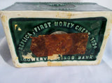 Vintage Antique 1834 BOWERY SAVINGS BANK REPLICA FIRST MONEY CHEST Coin GREEN Ceramic Pottery