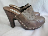 Womens STEVE MADDEN LENNIE Leather Clog High Heel Slip-On Mules 9 BROWN GREEN