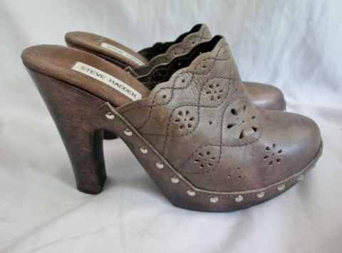 Womens STEVE MADDEN LENNIE Leather Clog High Heel Slip-On Mules 9 BROWN GREEN