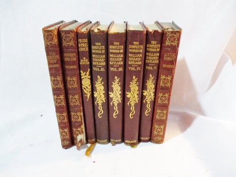 Antique 8 Leather Books LOT Decorative Staging BURGUNDY RED MAROON Home Design Color Therapy