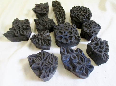 Set 10 WOOD BLOCK Stamp Ethnic Floral Art Rustic Primitive Craft DIY India Decorative