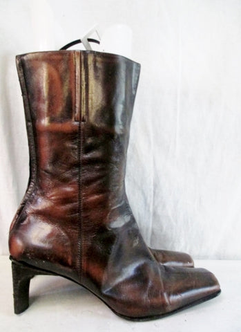 Womens NINE WEST LEATHER Mid Calf Boots Shoe BROWN 11 Square Toe