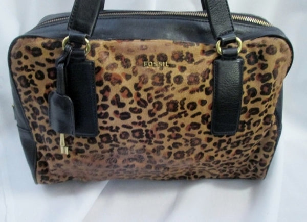 Fossil Leopard Print Wallet Black Leather Hair Fur Bi Fold 