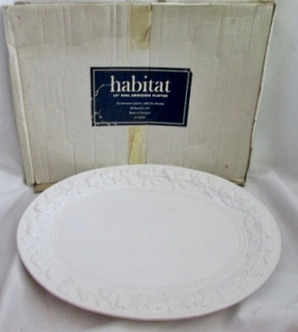 HABITAT PORTUGAL OVAL EMBOSSED 19" Ceramic Pottery SERVING PLATTER TRAY LEAF WHITE