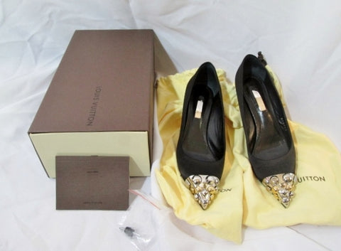 LOUIS VUITTON Satin Pump Shoe Metallic Logo Cap Toe Stud 36 6 BLACK Womens