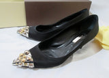 LOUIS VUITTON Satin Pump Shoe Metallic Logo Cap Toe Stud 36 6 BLACK Womens
