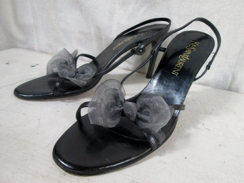 Womens YVES SAINT LAURENT Sandals Heel Italy Strappy LEATHER BLACK 9 BOW