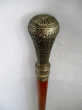 Vintage Carved Wood Walking Stick Cane Metal Top Travel Hiking Trekking Folk Art
