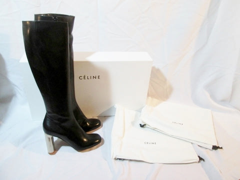 NEW NIB Womens CELINE PARIS Leather Knee High Heel Boot 36 6 BLACK Riding