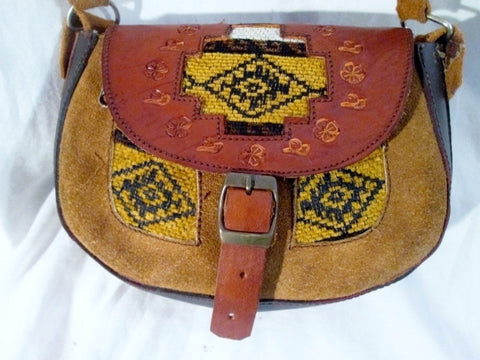 Tooled Leather Suede Hobo Shoulder Saddle Flap Bag Satchel BROWN Ethnic Woven