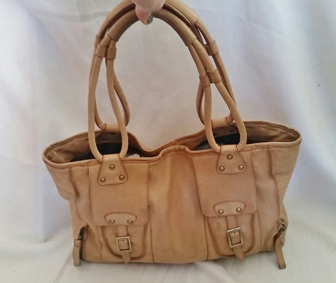 PRAGUE Cowhide Leather Shoulder Bag Tote Handbag Satchel Saddle BROWN L