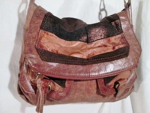 THE SAK Leather Hobo Bag Bucket Saddle Purse Flap BROWN METALLIC STRIPE Hippie Boho