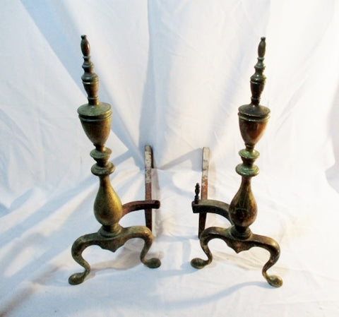 Vintage Brass Set Pair ANDIRONS FIRE DOG LOG HOLDERS FIREPLACE Antique
