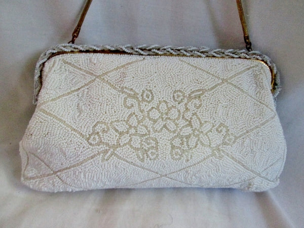 Vtg JORELLE BAGS FRANCE WHITE FLORAL BEAD CLASP HANDBAG Purse