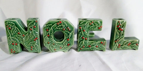 Vintage 4 Pc LIPPER MANN Japan NOEL Candle Holder Holly Berry Ceramic Green XMAS