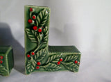 Vintage 4 Pc LIPPER MANN Japan NOEL Candle Holder Holly Berry Ceramic Green XMAS