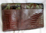 "C" camo calf fur crocodile Leather Clutch Case Purse Organizer BROWN GREEN Hair