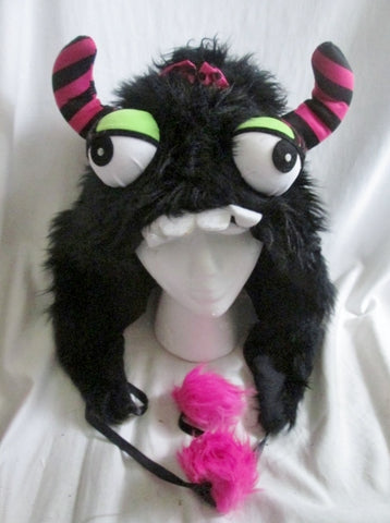 Halloween Spirit FUZZY BLACK HAT GOOGLE EYES Play Costume Fun Party Horns Disguise