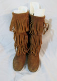 Womens MINNETONKA Tiered Suede Fringe Boot Moccasin Hippy BROWN 8