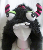 Halloween Spirit FUZZY BLACK HAT GOOGLE EYES Play Costume Fun Party Horns Disguise