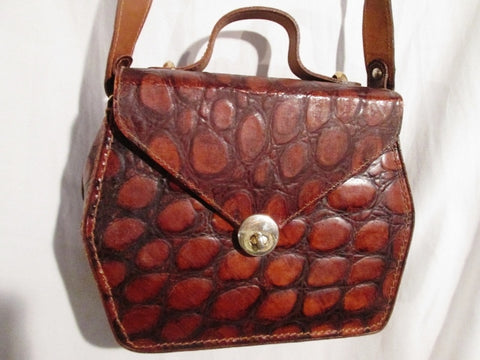 SPETTACOLO INC ITALY leather croc shoulder box bag satchel briefcase BROWN
