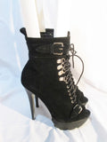 Womens BEBE LEATHER Peep Toe High Heel Ankle Boot Booties 7 BLACK Steampunk