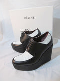 NEW CELINE PARIS Platform Wedge Saddle Shoe Leather 36 6 BLACK WHITE Heel Womens
