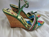 Womens MISS SIXTY ITALY Platform Wedge Leather Shoes Sandals 38 / 7.5 GREEN Multi