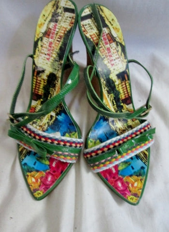 Womens MISS SIXTY ITALY Platform Wedge Leather Shoes Sandals 38 / 7.5 GREEN Multi