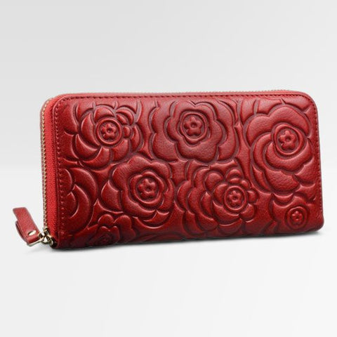 NEW Genuine HESHE Continental ZIP Wallet Organizer Leather ROSE FLORAL RED