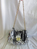 CESCA LONDON vegan sequin satchel shoulder flap bag purse SILVER BLACK L Glam