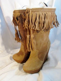 NEW Womens JESSICA SIMPSON Suede Leather Fringe Boots TAUPE BROWN 9.5 Boho Wedge Heel Hippie