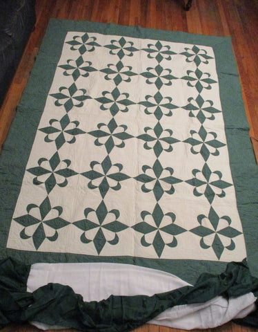 Set TWIN 74 X 101" PINWHEEL QUILT Blanket Throw Bedspread Cover + Dust Ruffle GREEN WHITE