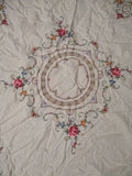 Vintage Embroidered TABLECLOTH ROUND Cover 61" WHITE FLORAL