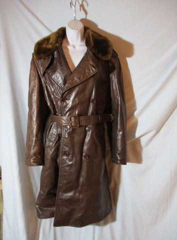 Vintage WWII US NAVY AIRCRAFT Leather Fur Jacket Trench Coat BROWN 42 Lined Belted