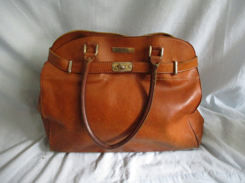 BOTTICELLI Thick Leather Satchel Tote Shoulder Bag Purse Travel BROWN