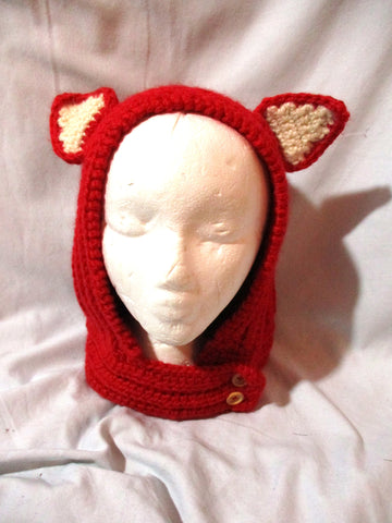 Handmade Hand Knit RED Kitty Cat EAR HOOD HAT Scarf Cosplay