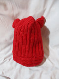 Handmade Hand Knit RED Kitty Cat EAR HOOD HAT Scarf Cosplay