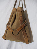 SCULLY Thick SUEDE LEATHER Satchel Hobo Bag Bucket Saddle Bag Stitch BEIGE Hipster Boho