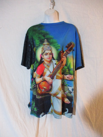 YIZZAM INDIAN WOMAN SITAR PLAYER Tee T-Shirt Top XL Colorful Ethnic