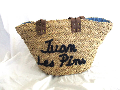 NEW JUAN LES PINES Woven Basket Leather Bucket TOTE Bag NATURAL Shopper Market Summer Purse