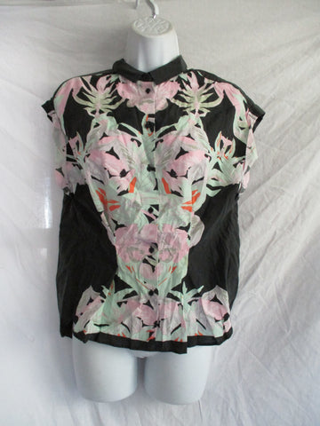 NWT NEW Button-Up Top T-Shirt Blouse Colorful FLORAL LEAF4 Black