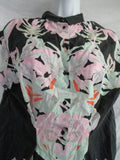 NWT NEW Button-Up Top T-Shirt Blouse Colorful FLORAL LEAF4 Black