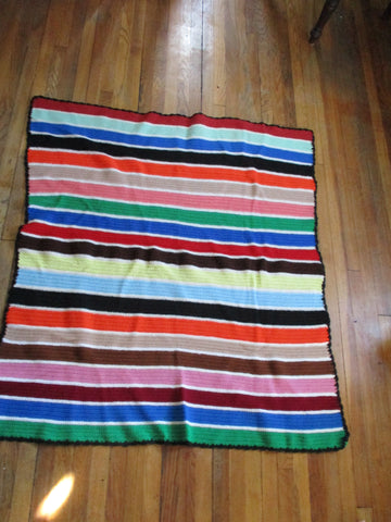Handmade Crochet 1970s Style Blanket Throw Bedspread Cover Knit 60X53 Striped COLORFUL