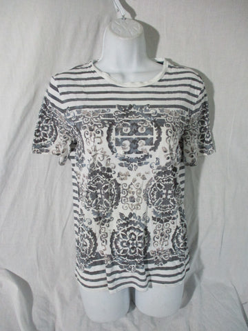 TORY BURCH Striped Floral Signature Logo Shirt Top Tee XS White Gray