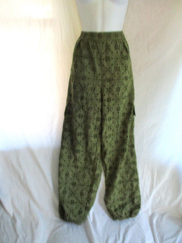 NEW ANTHROPOLOGIE Embroidered Eyelet Pant  Boho Festival Hippy M OLIVE GREEN