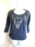 LUCKY BRAND COW SKULL Printed 3/4 Long Sleeve Tee Shirt Top M Blue T