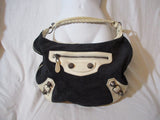 BALENCIAGA Agneau Giant Purse Whipstitch Black Suede White Bag Hobo