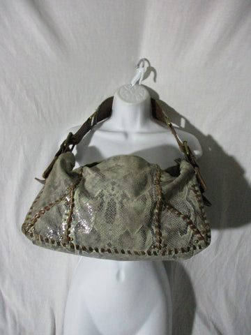 BETSEY JOHNSON Snakeskin Leather Whipstitch Satchel Shoulder Bag GRAY Stud