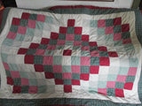Handmade Vintage PATCHWORK FLORAL QUILT Blanket Throw Bedspread RED GREEN 80X96